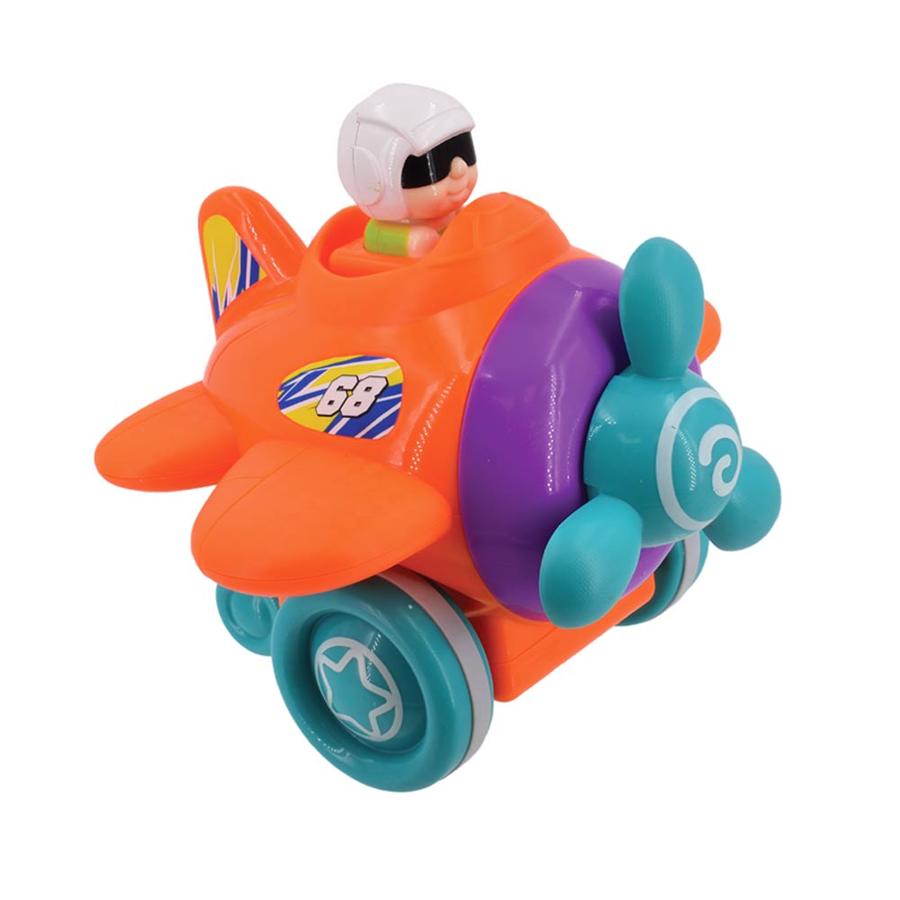 A press and go push toy shape plane for babies and toddlers. A little pilot sitting in the cockpit.