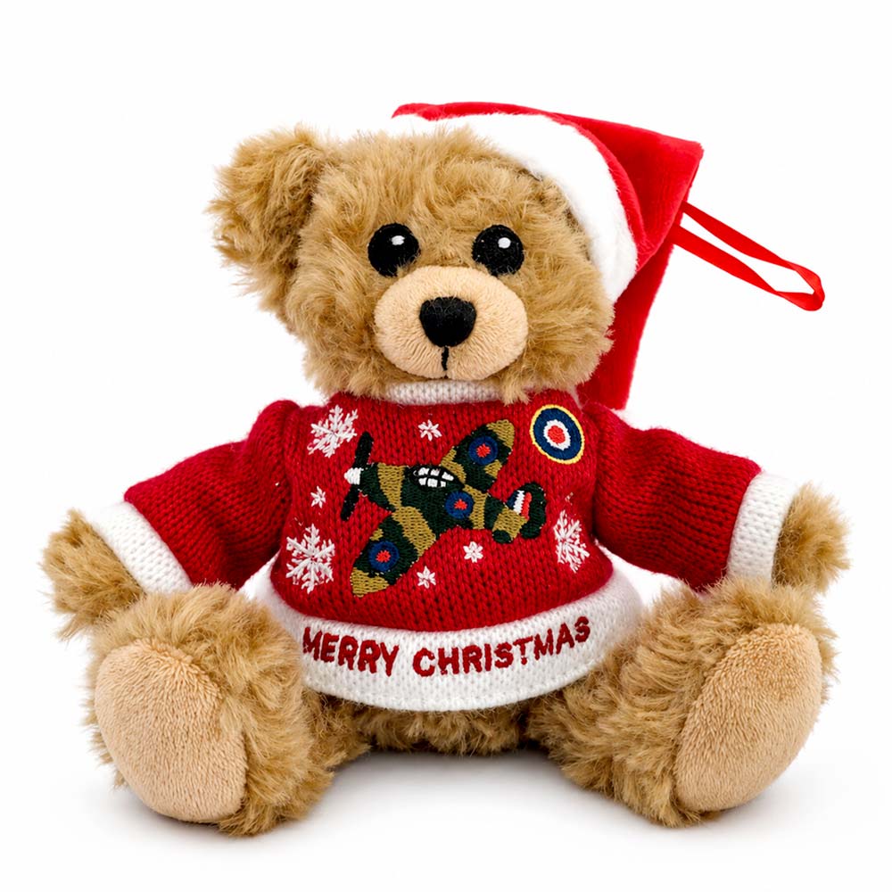 Mini Christmas bear wearing an embroidered Spitfire jumper, with a loop for hanging as a decoration.
