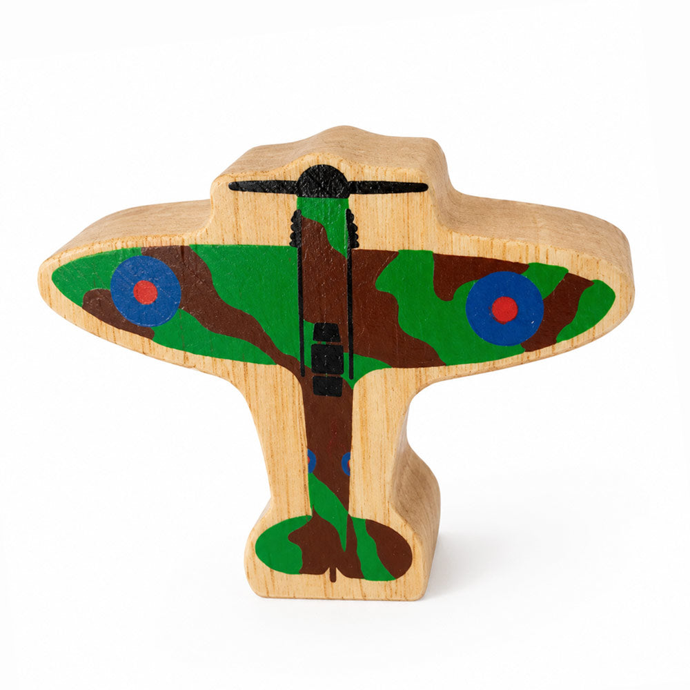 Colorful fair trade wooden Spitfire toy, handcrafted in Sri Lanka from sustainable rubberwood with non-toxic paints.