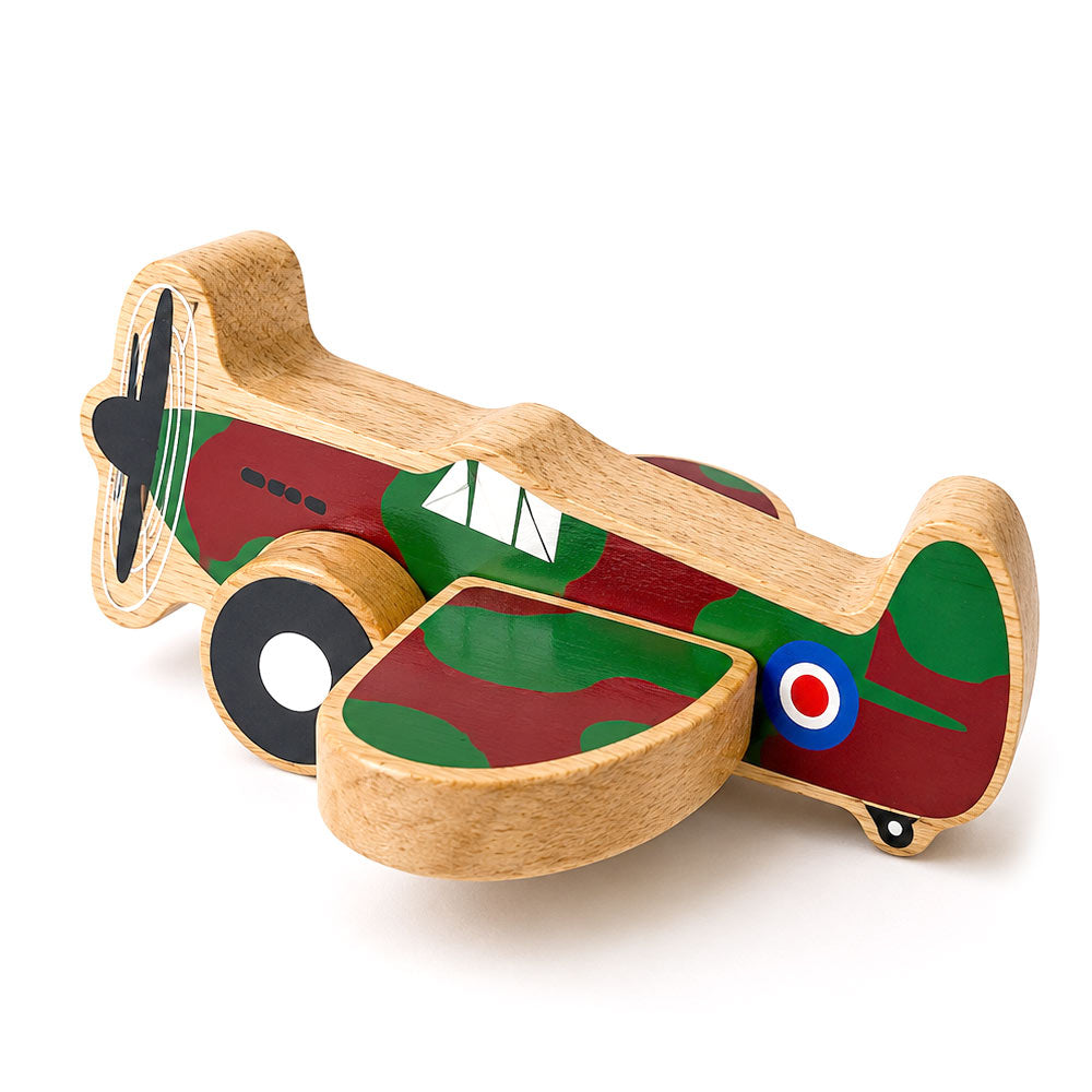 Handcrafted Spitfire wooden push-along toy made from sustainable rubberwood with non-toxic paint. Smooth wheels, sturdy design, inspired by the WWII fighter plane.
