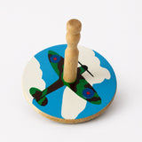 Natural wood spinning top with Spitfire design, handcrafted from eco-friendly Alstonia wood in Sri Lanka. Measures 55mm, a classic gift for boys and girls.