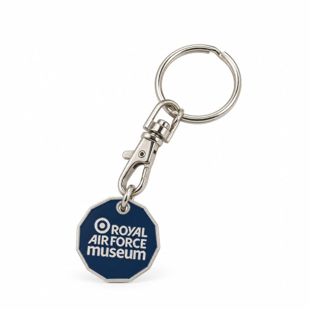 RAF Museum trolley coin keyring featuring a Spitfire logo on one side and the RAF Museum logo on the other.