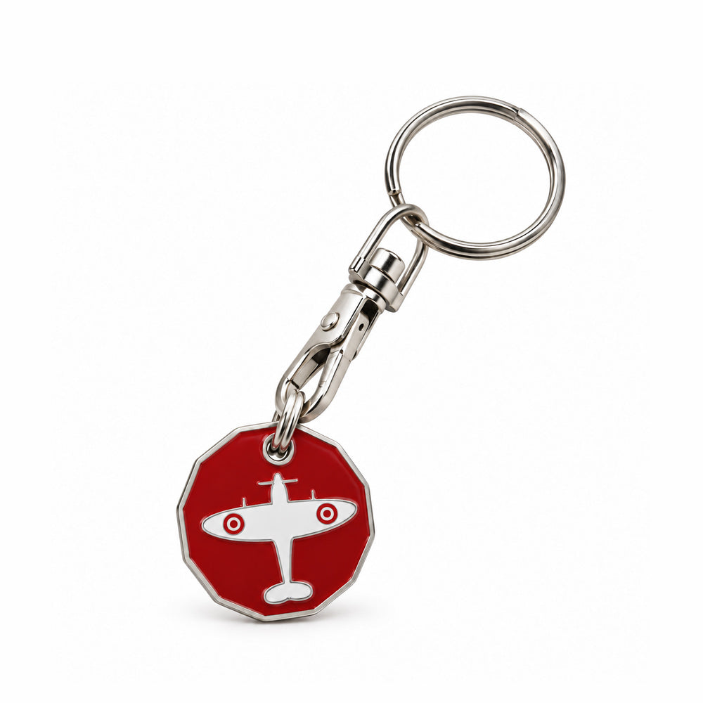 RAF Museum trolley coin keyring featuring a Spitfire logo on one side and the RAF Museum logo on the other.