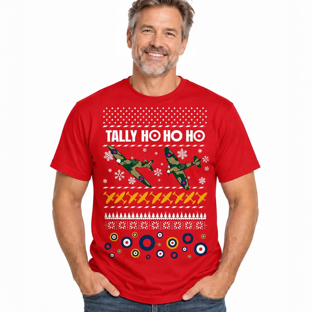A red t-shirt featuring iconic Spitfires, RAF roundels and "Tally Ho Ho Ho" design, this festive T-shirt is perfect for adding a touch of festive fun to the season whilst staying cool!