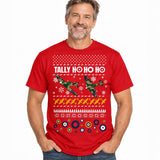 A red t-shirt featuring iconic Spitfires, RAF roundels and "Tally Ho Ho Ho" design, this festive T-shirt is perfect for adding a touch of festive fun to the season whilst staying cool!