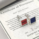 Red Arrows Hawk T.1A XX227 red and blue cufflinks certificate of Provenance.